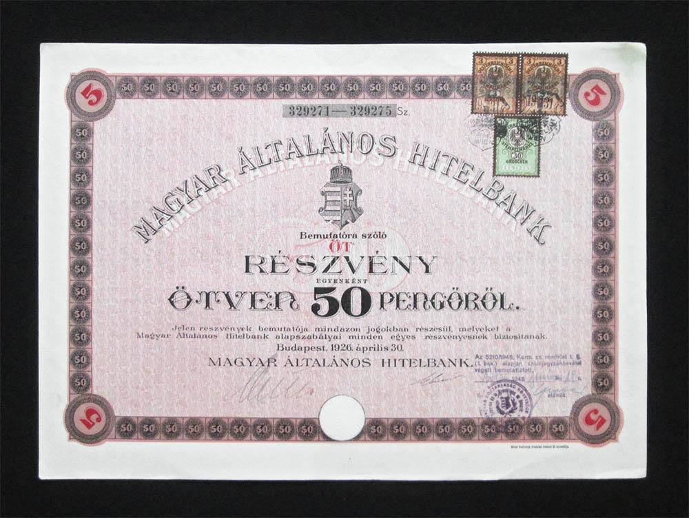 Magyar Általános Hitelbank részvény 5x50 pengõ 1926